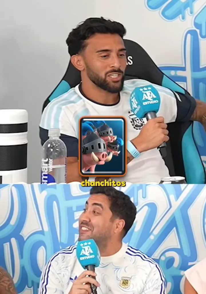 Nico González en la silla gamer de AFA Estudio nombrando la carta Cerdos Reales de Clash Royale