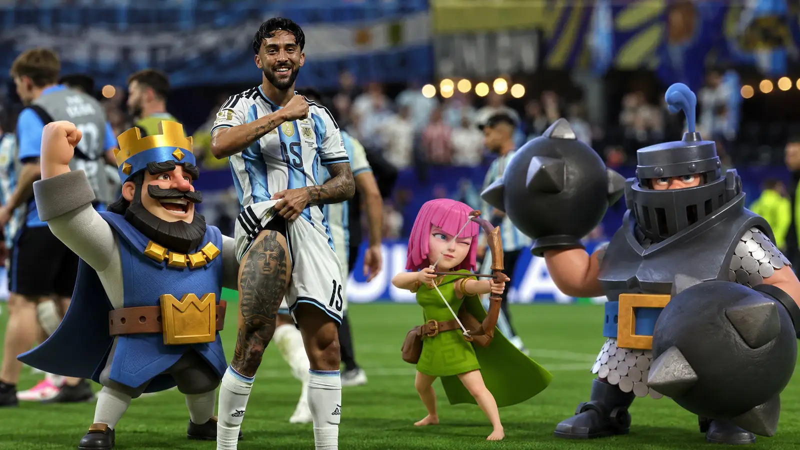 Nico González, volante de la Selección Argentina, junto a personajes de Clash Royale como el Rey y la Arquera Mágica