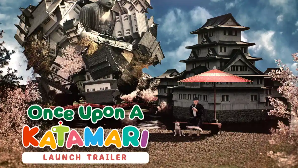 Escena de Once Upon a Katamari ambientada en un Japón histórico con templos y un Buda gigante