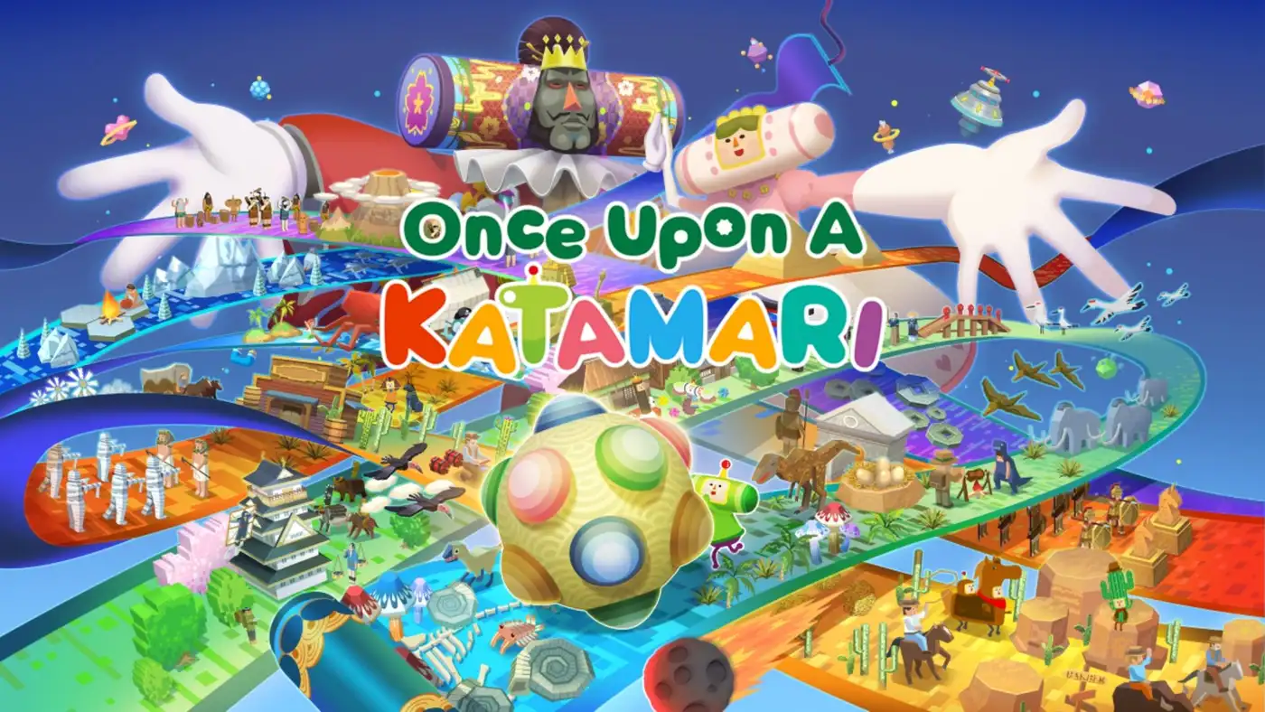 Arte clave de Once Upon a Katamari con el Katamari rodando por distintas eras históricas