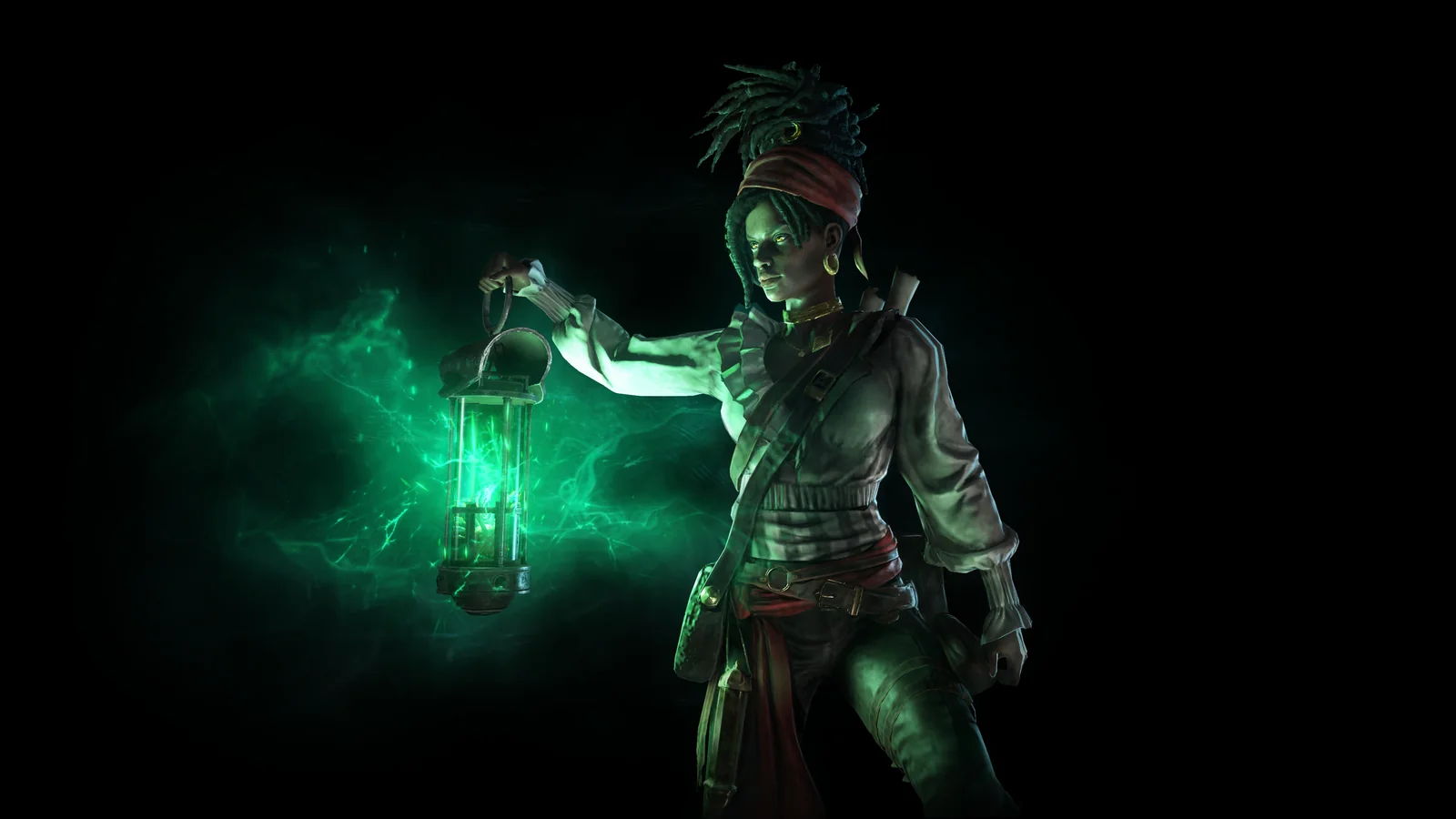 Valerie, la capitana corsaria de Path of Exile: Curse of the Allflame, sostiene una linterna Allflame que brilla en verde bajo el agua