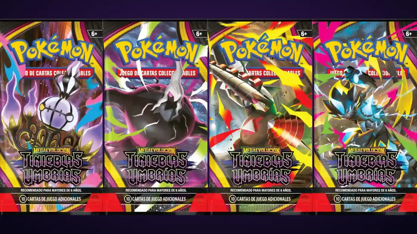 Sobres de refuerzo de la expansión Pokémon TCG Megaevolución-Tinieblas Umbrías con los cuatro Mega Pokémon ex protagonistas