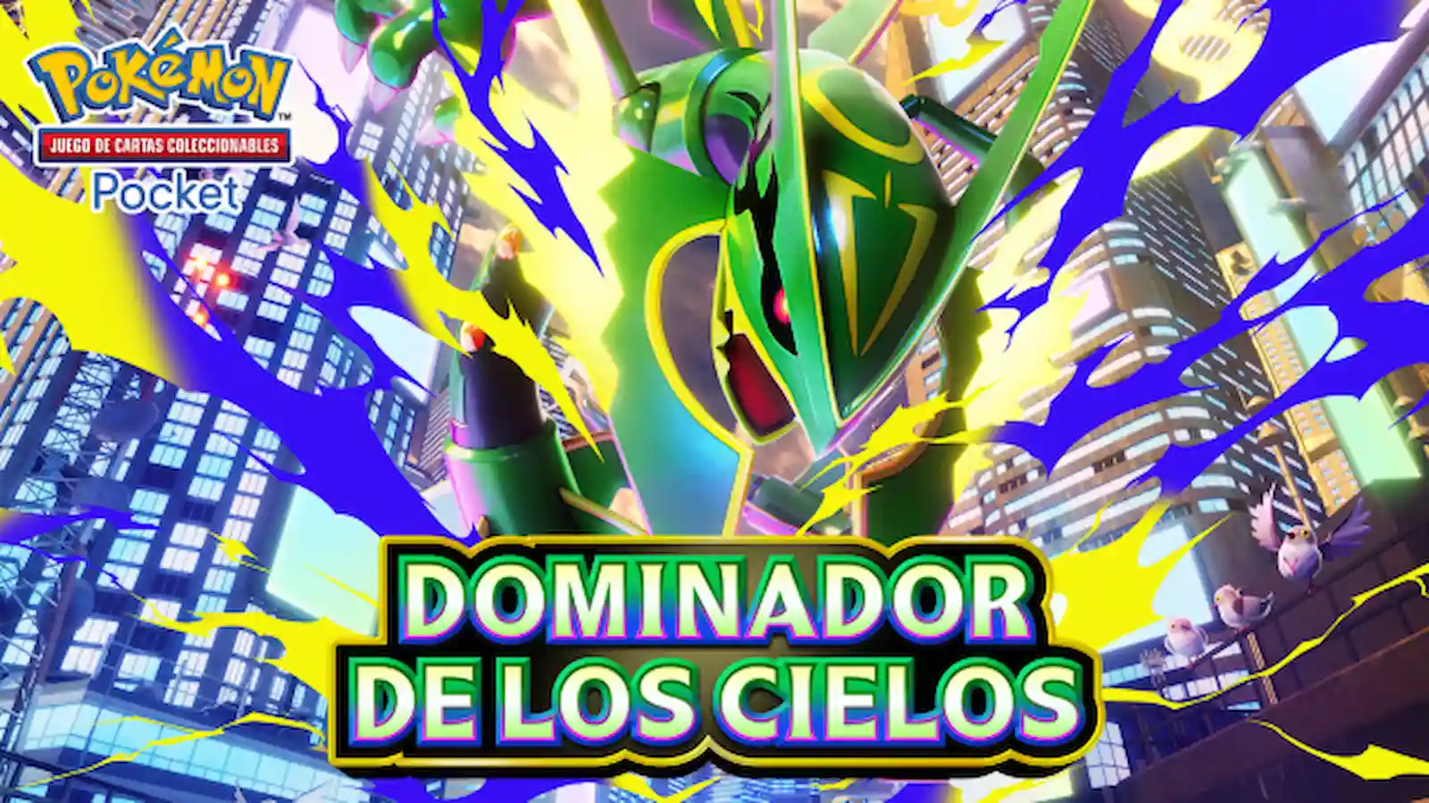 Mega Rayquaza en el arte oficial de Dominador de los Cielos, la nueva expansión de Pokémon TCG Pocket