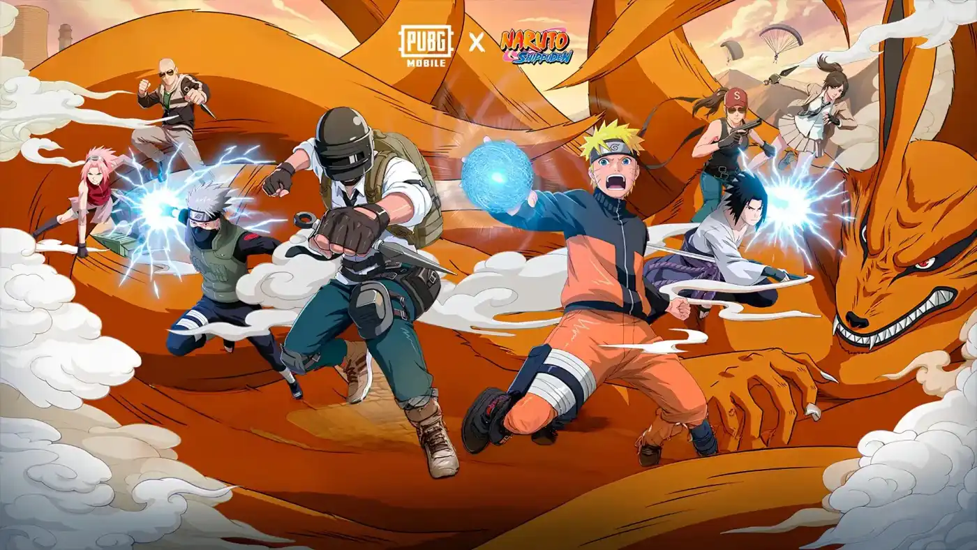 Colaboración entre Naruto Shippuden y PUBG Mobile, con Naruto en modo Sabio sobre el mapa del battle royale