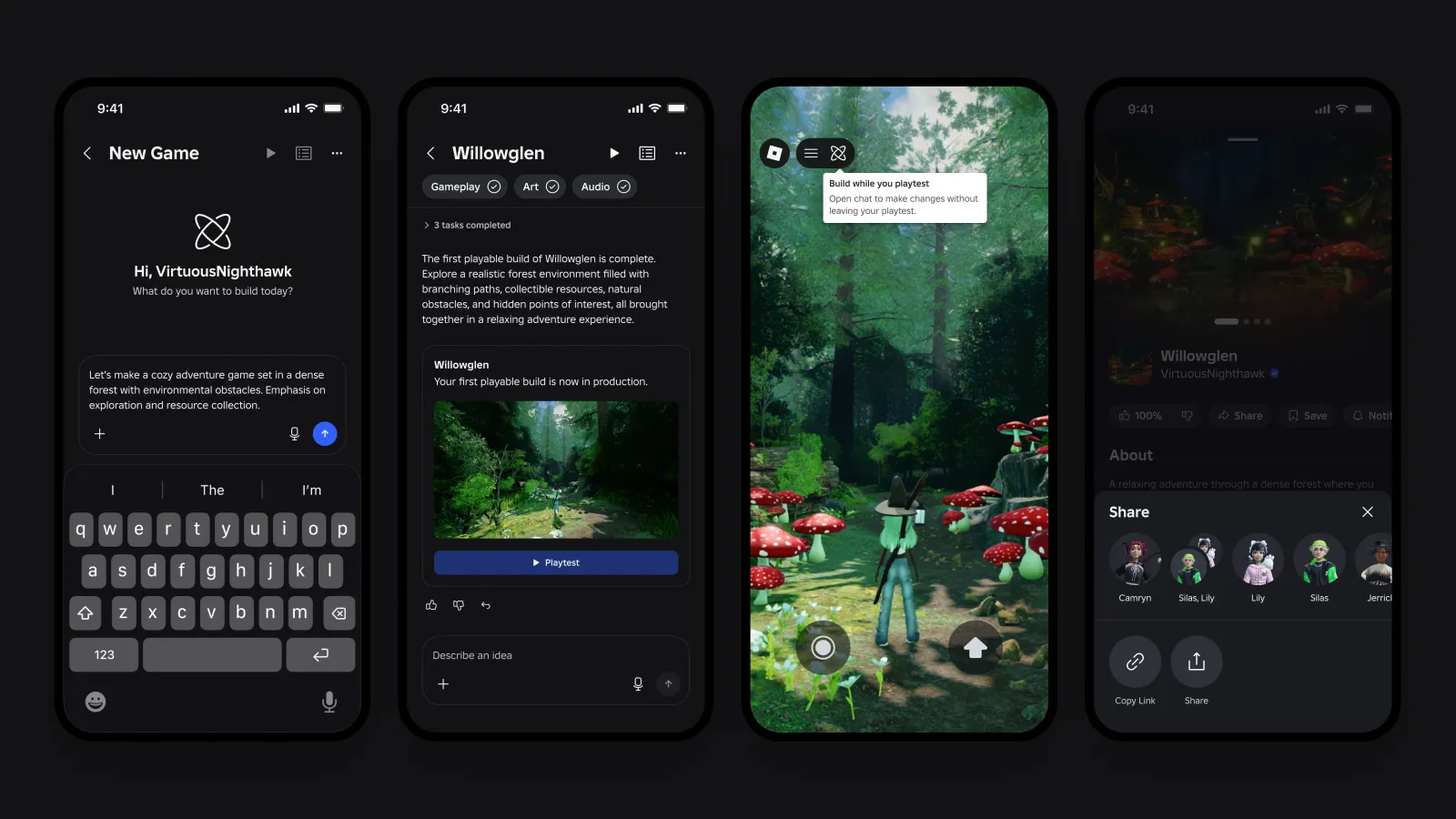 Cuatro pantallas de Roblox Build en un celular: prompt de texto, juego generado con IA, playtest y pantalla para compartir