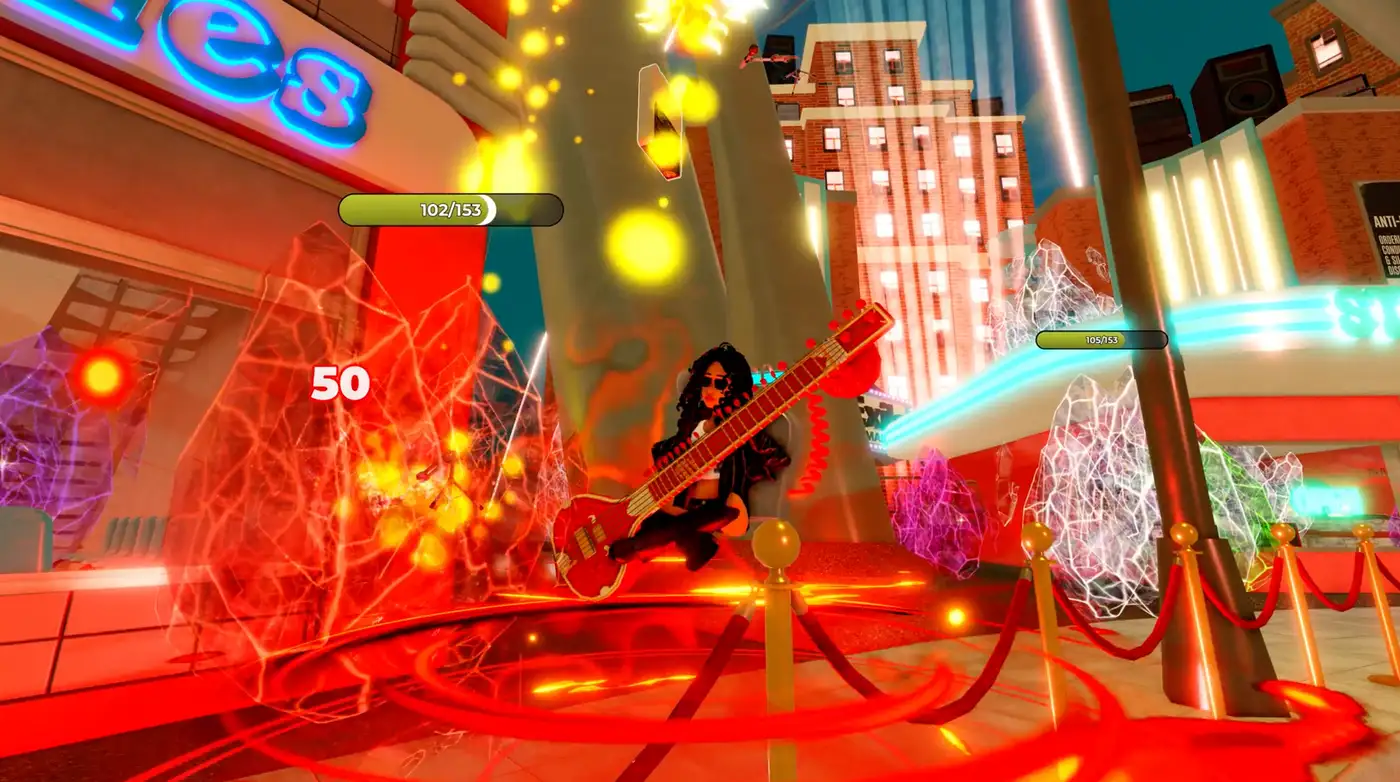 Avatar tocando una guitarra en pleno combate contra cristales, dentro del juego de The Rolling Stones en Roblox