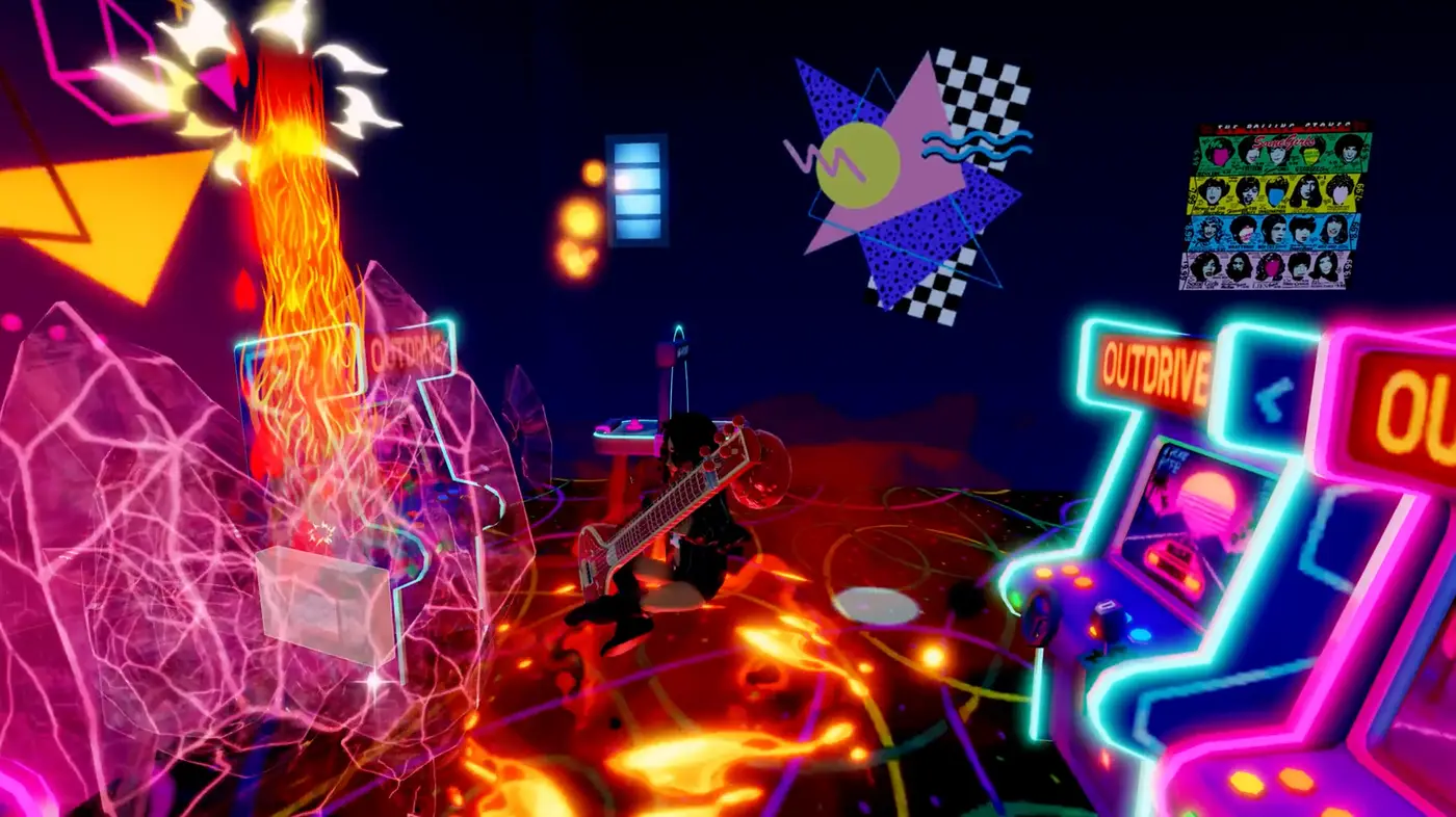 Cristales de colores rotos junto a máquinas arcade neón en el juego de The Rolling Stones en Roblox
