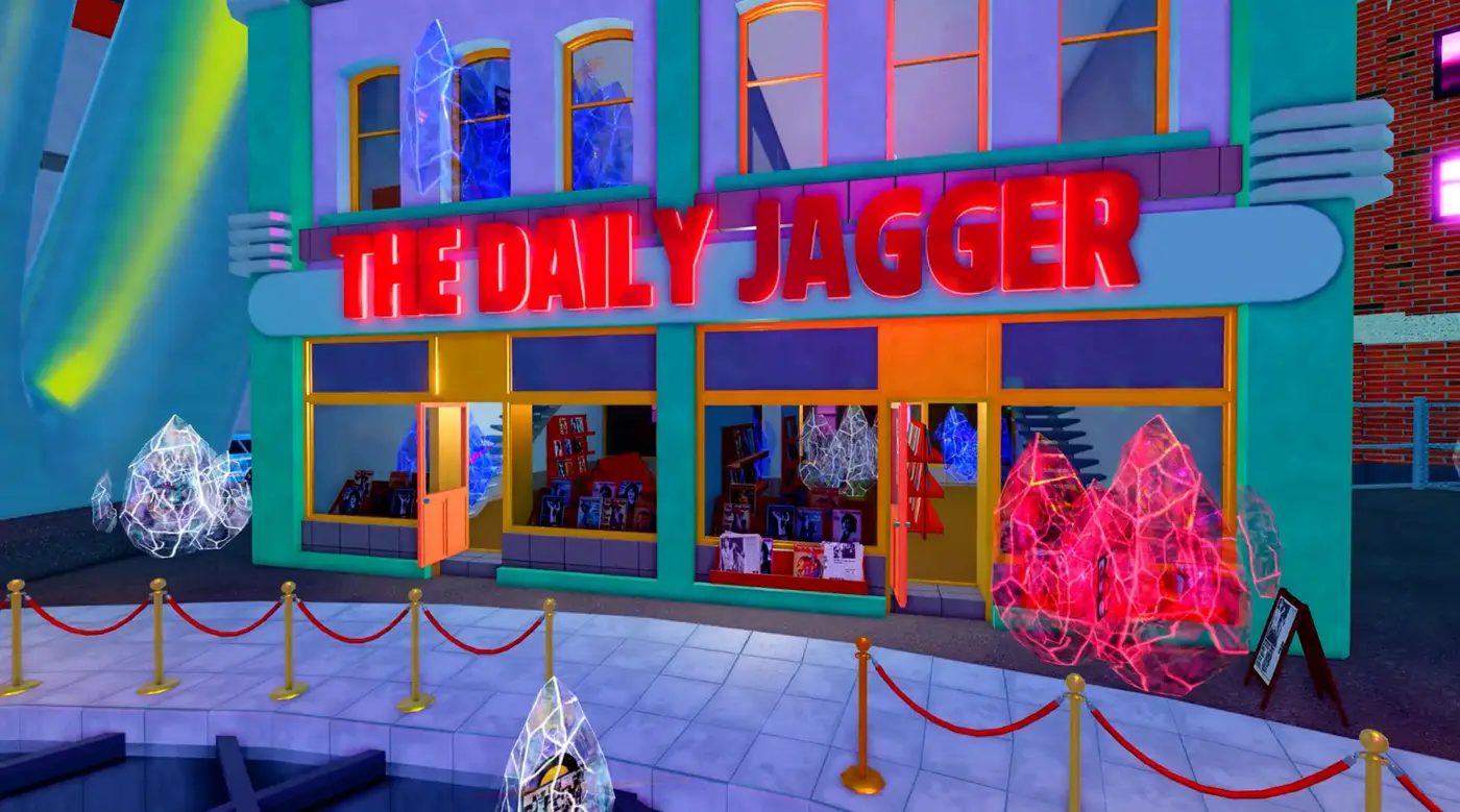 Local temático The Daily Jagger dentro del juego de The Rolling Stones en Roblox, con cristales de colores alrededor