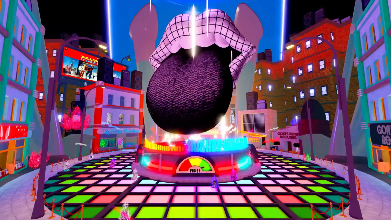 La lengua y labios gigantes de The Rolling Stones sobre una bola de disco, en el centro del juego dentro de Roblox