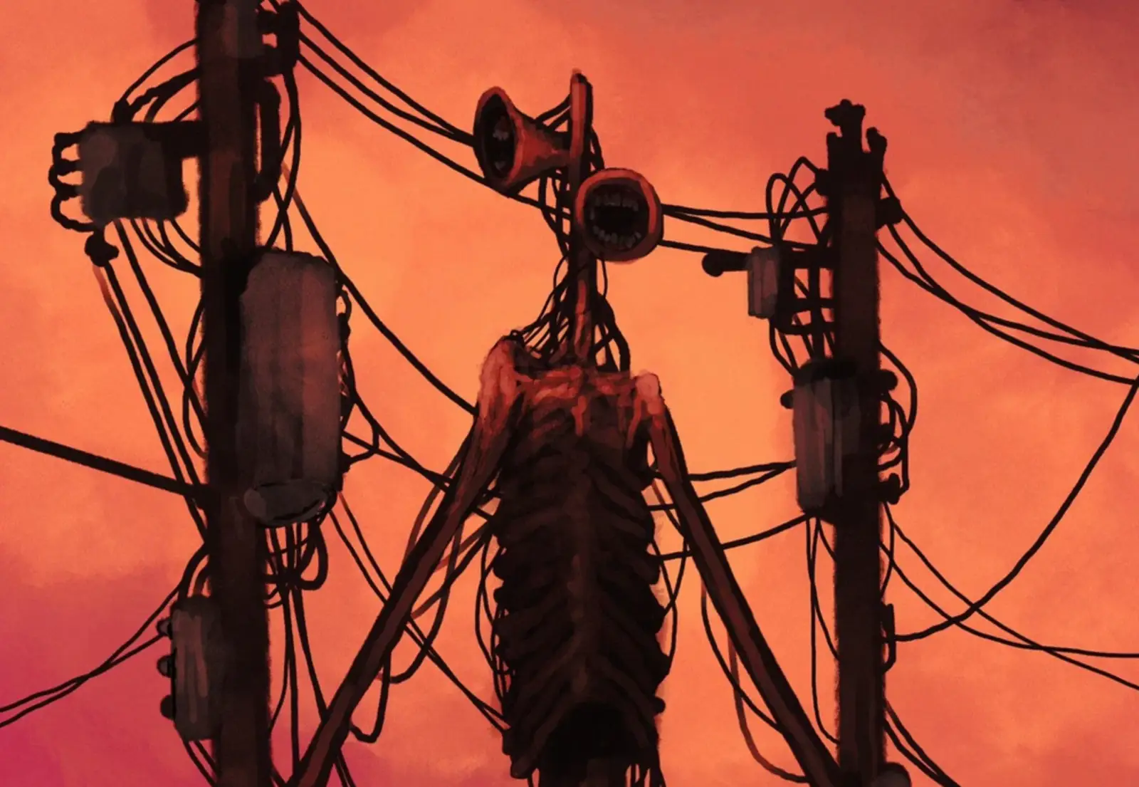 Ilustración de Siren Head camuflado entre postes de luz al atardecer, arte de Trevor Henderson