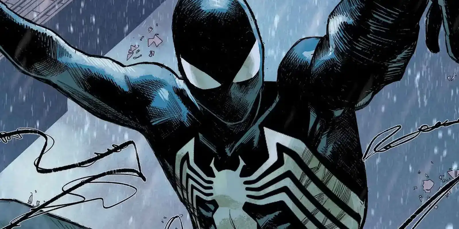 Spider-Man con el traje negro del simbionte, en una ilustración de cómic