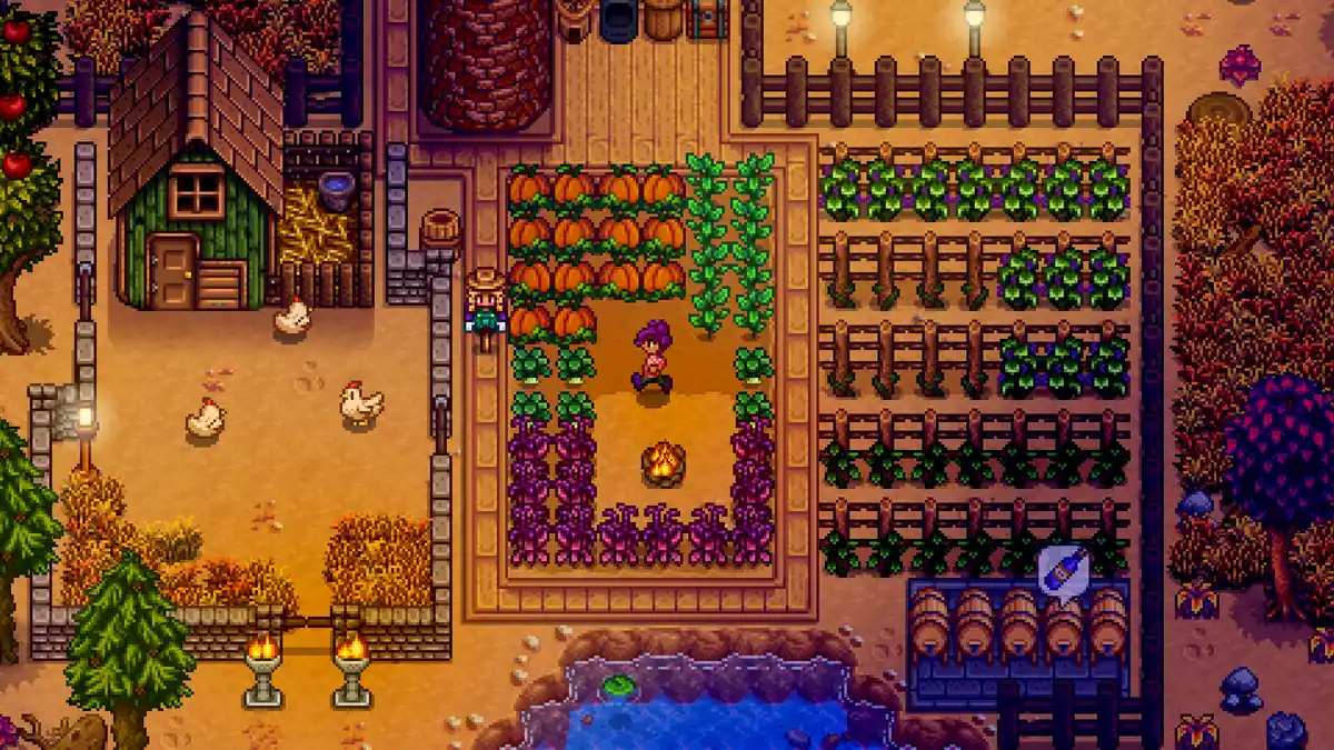 Granja de otoño en Stardew Valley con calabazas, uvas, amaranto y judías en enrejado, los mejores cultivos de la estación