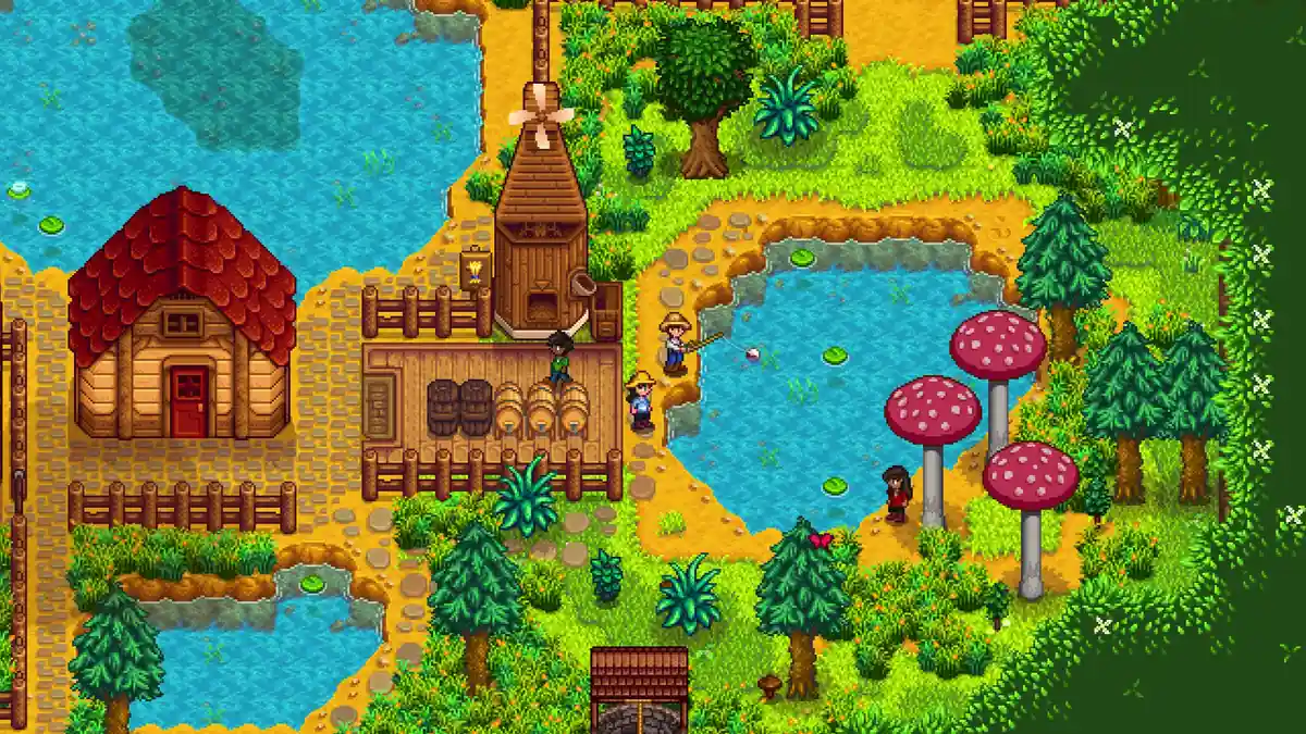 Un granjero pescando con caña en un estanque de Stardew Valley, junto a la tienda de pesca de Willy