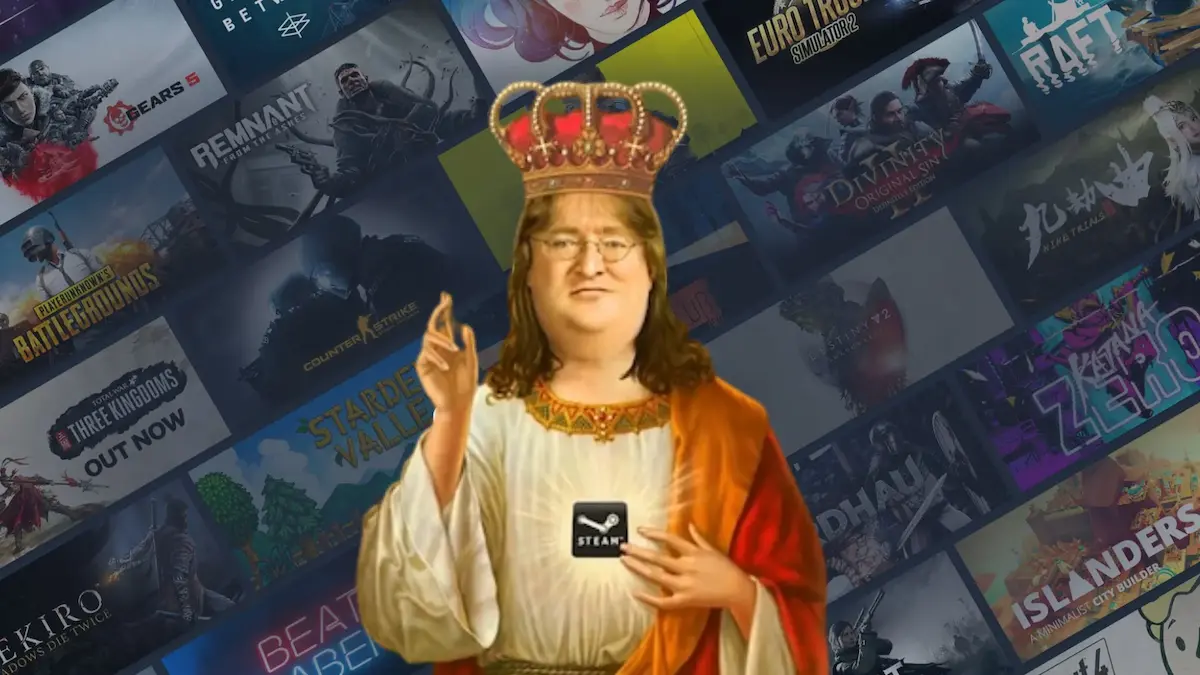 Meme de Gabe Newell con corona frente a la grilla de juegos de Steam