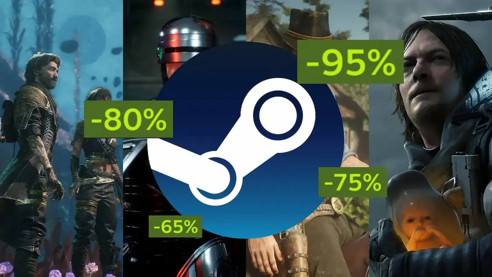 Logo de Steam sobre un collage de juegos con etiquetas de descuento de las ofertas de la tienda