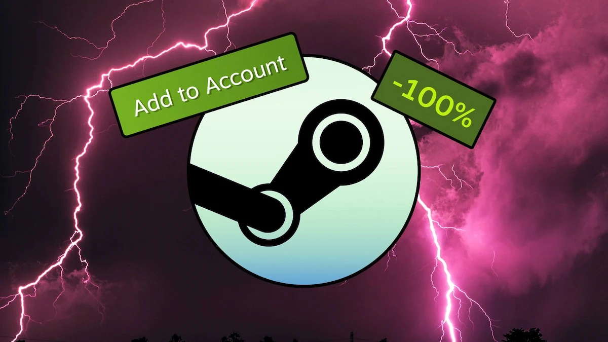 Logo de Steam con un cartel de descuento del cien por ciento y un fondo de tormenta