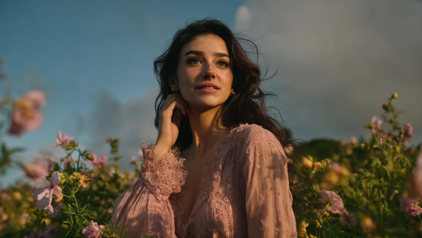 Tilly Norwood en una imagen promocional generada por inteligencia artificial, entre flores