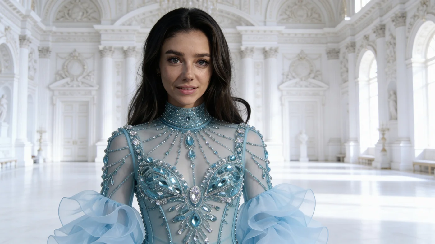 Tilly Norwood con un vestido de gala, parte del material promocional generado por IA de Particle6