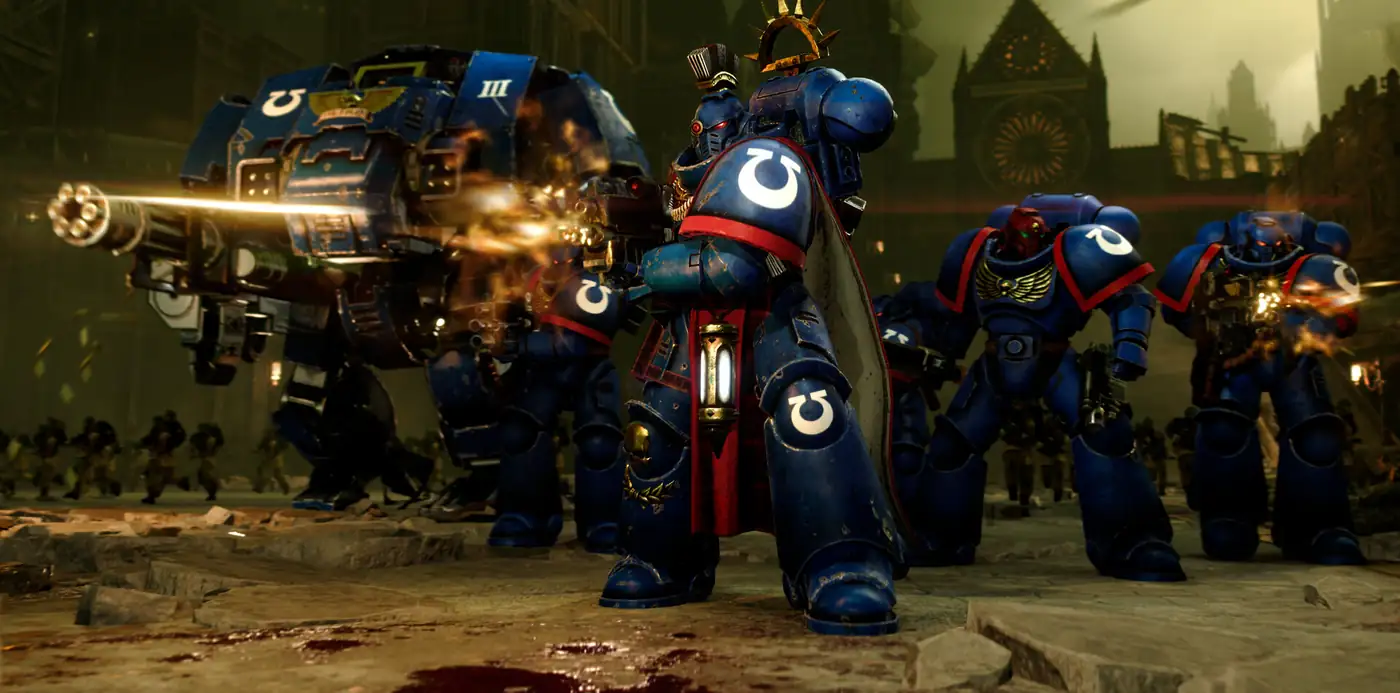 Marines Espaciales de los Ultramarines y un Dreadnought abren fuego en Total War: Warhammer 40.000