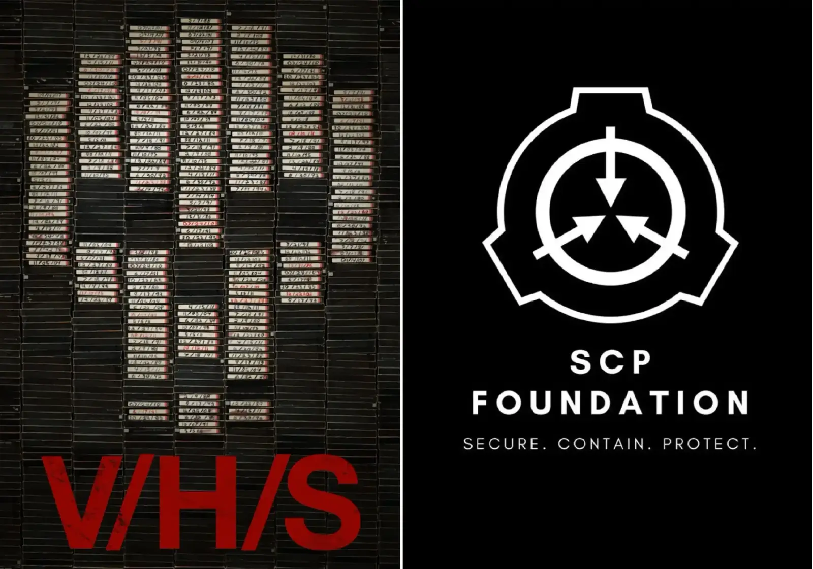 Collage con cintas VHS y el logo de la franquicia V/H/S junto al logo de la Fundación SCP