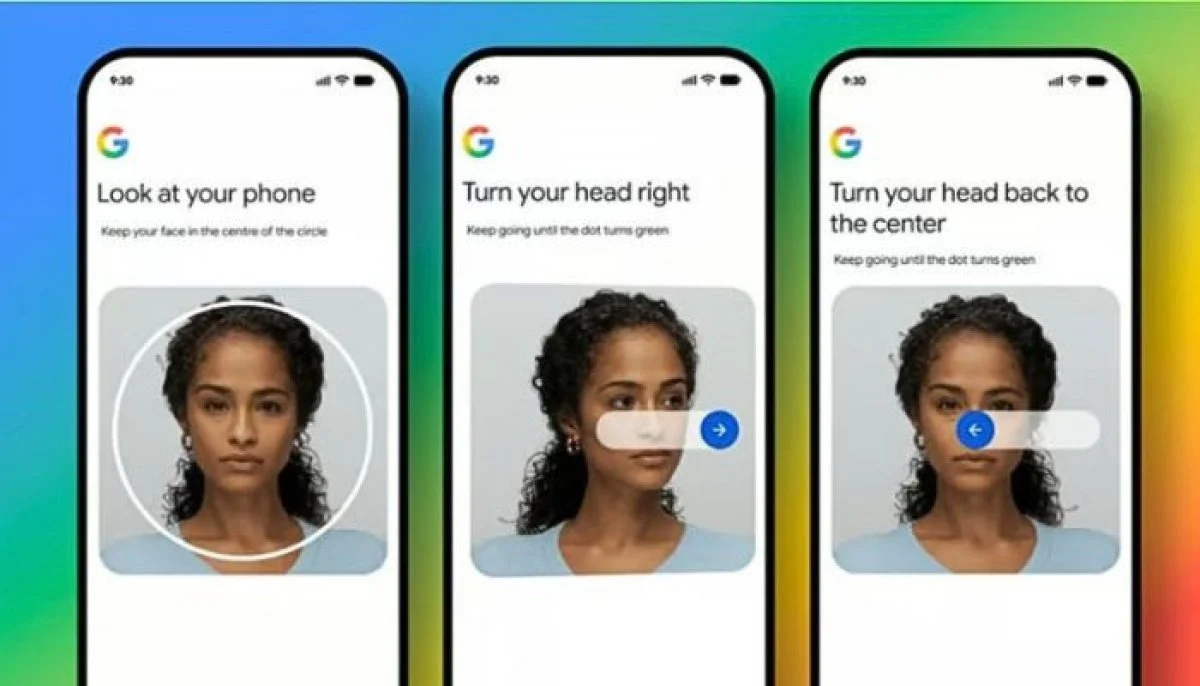 Los tres pasos del video selfie de Google en pantalla: mirar al teléfono, girar la cabeza a la derecha y volver al centro
