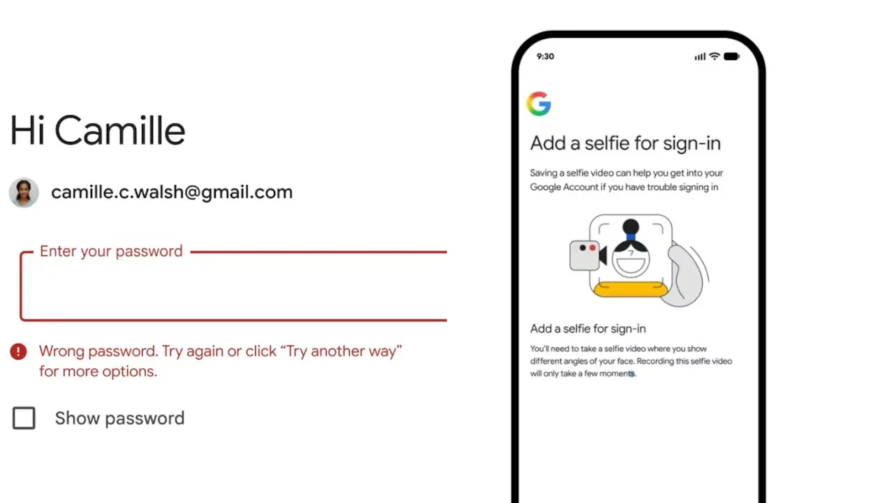 Pantalla de inicio de sesión de Google con el aviso de contraseña incorrecta junto al celular que ofrece agregar un selfie para acceder