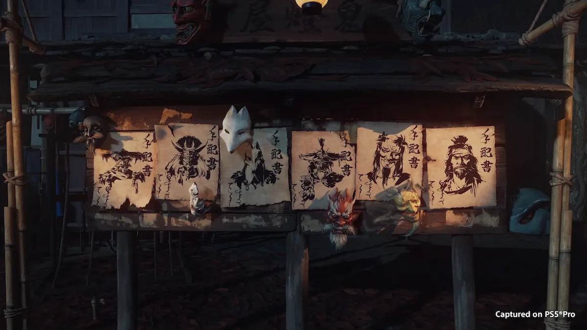Tablón de carteles de recompensa del modo Más buscados de Ghost of Yotei Complete Edition