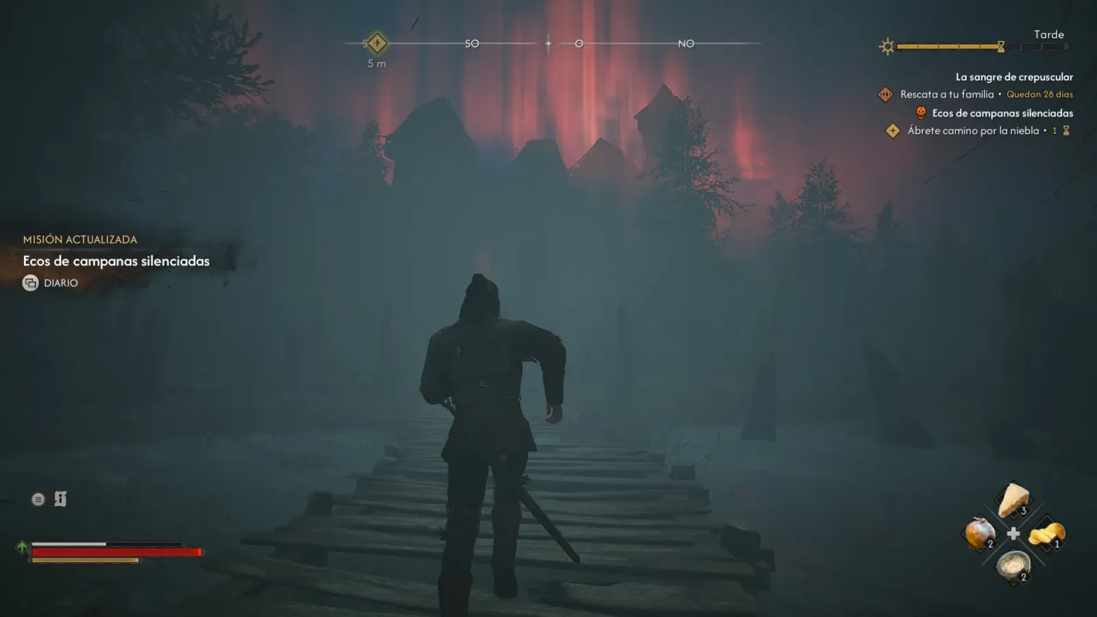 Coen frente a un bosque iluminado de rojo durante la noche, con el registro de misiones de The Blood of Dawnwalker en pantalla