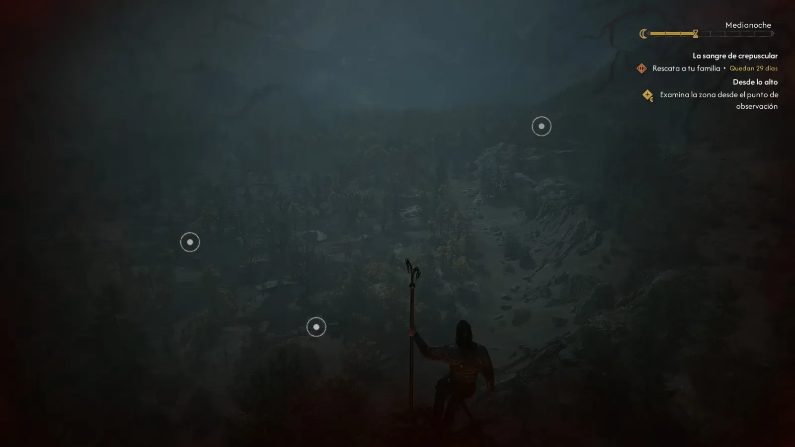 Zona brumosa del valle en The Blood of Dawnwalker con marcadores de exploración en pantalla