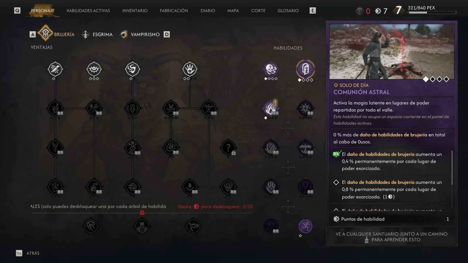 Árbol de habilidades de The Blood of Dawnwalker con las ramas de esgrima, brujería y vampirismo