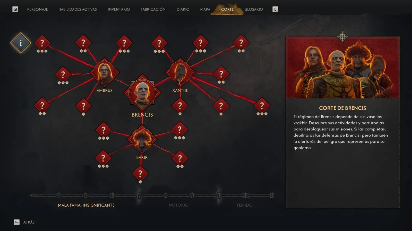 Pantalla de la Corte de Brencis en The Blood of Dawnwalker, con el mapa de intrigas de los vampiros del valle