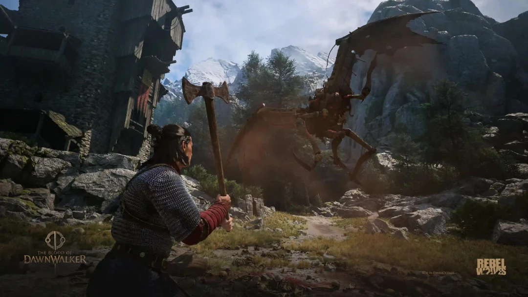 Coen, hacha en mano, encara a un enemigo en un paisaje de montaña de The Blood of Dawnwalker