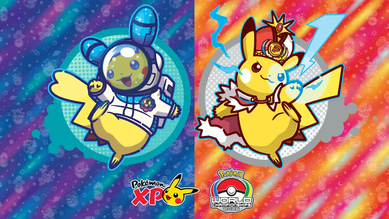 Drops Pokémon Worlds 2026: los Pikachu de PokémonXP y del Campeonato Mundial sobre fondo de colores