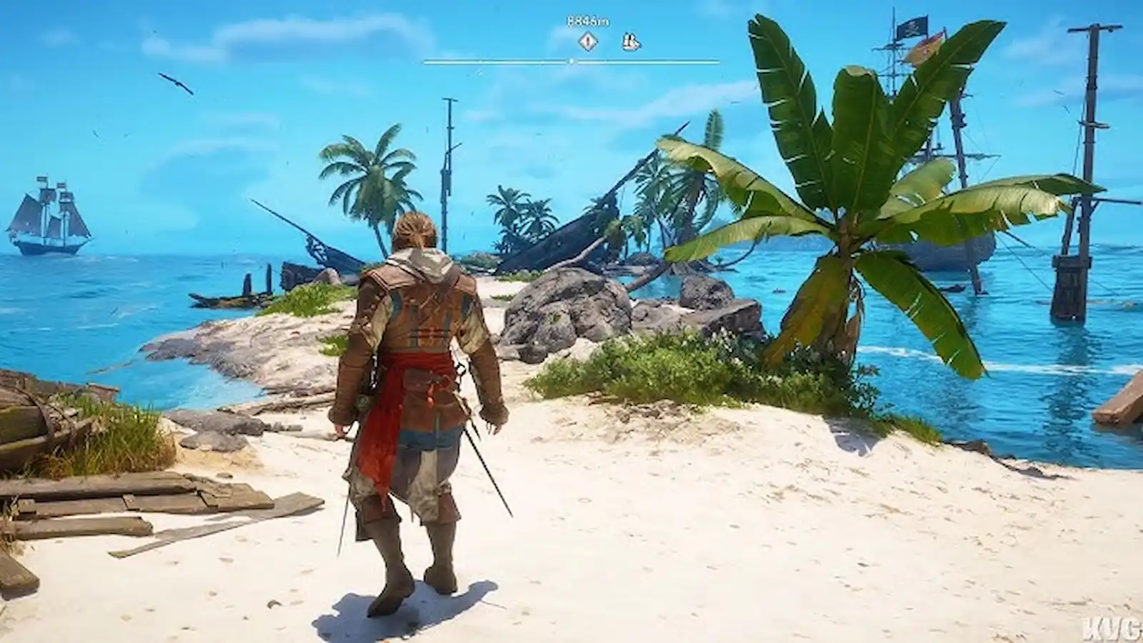 Edward Kenway parado en una playa despejada, el lugar ideal para adelantar el tiempo en Black Flag Resynced