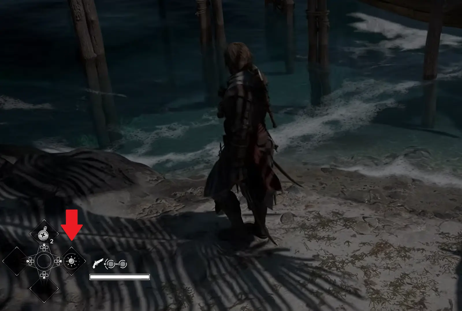 Ícono de la cruceta direccional en pantalla al mantener presionado D-pad derecha en Black Flag Resynced
