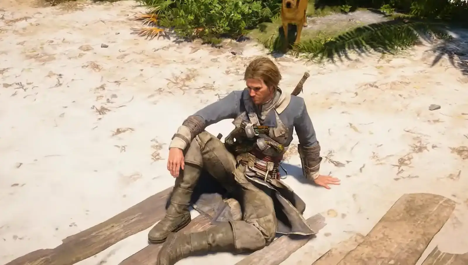 Edward Kenway sentado en la playa mientras avanza el tiempo en Black Flag Resynced