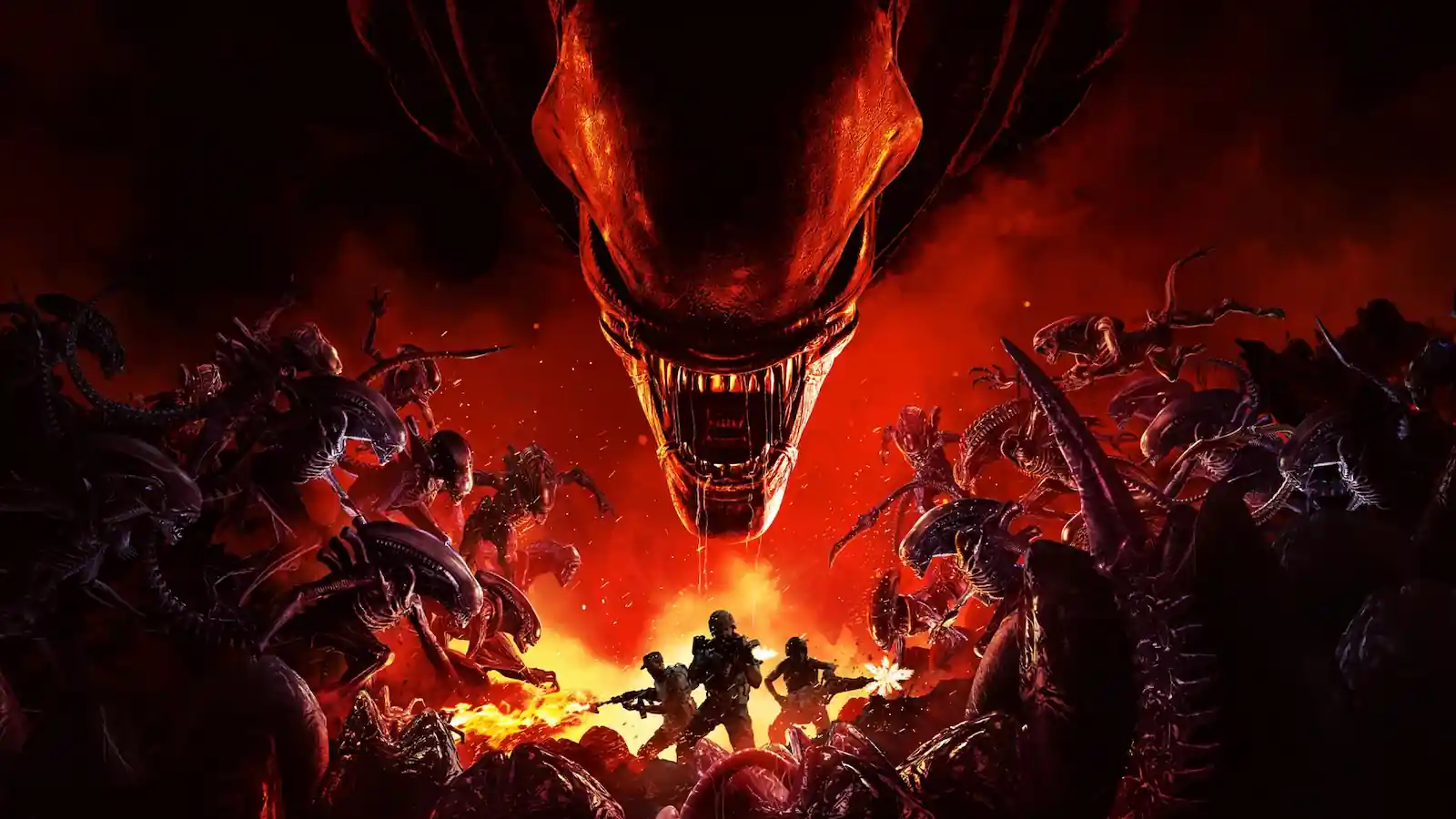 Arte de Aliens: Fireteam Elite con una reina xenomorfo gigante sobre un grupo de marines coloniales