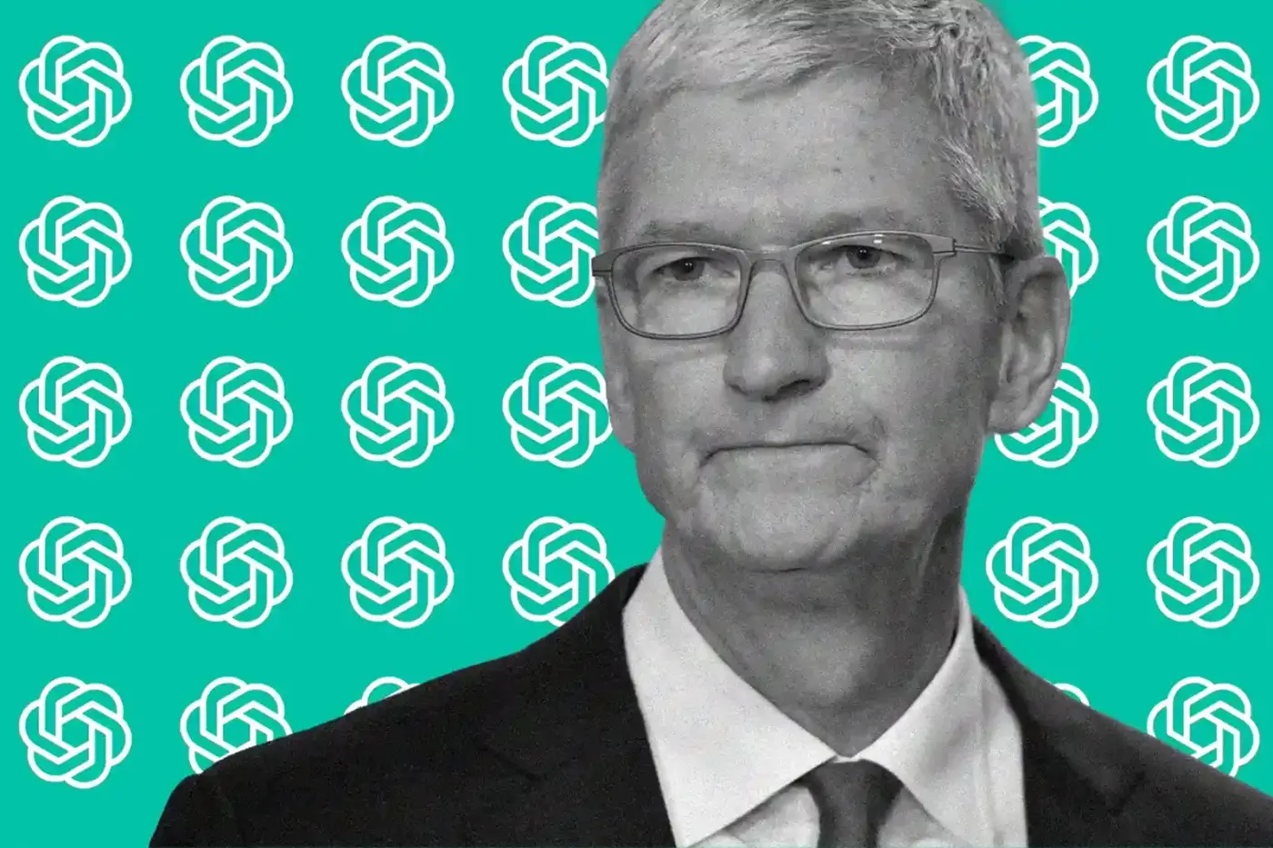 Tim Cook, CEO de Apple, sobre un fondo con el logo de OpenAI repetido