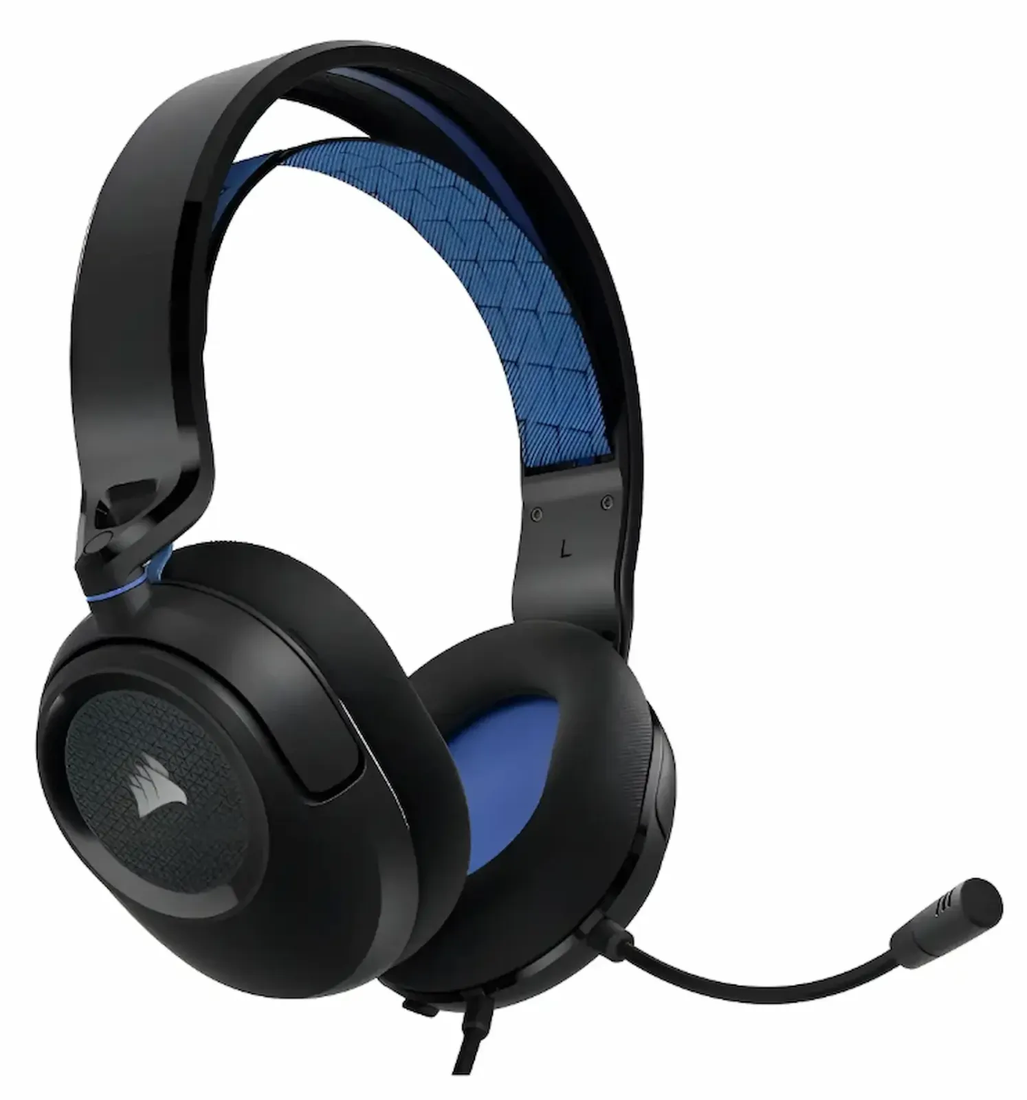Auriculares gamer Corsair HS35 v2 en negro y azul, con el micrófono flexible desplegado