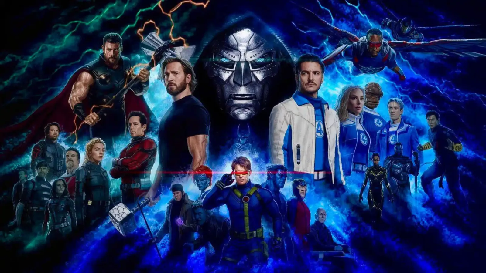 Arte promocional de Avengers: Doomsday con Doctor Doom en el centro, rodeado por los Vengadores, los 4 Fantásticos y los X-Men
