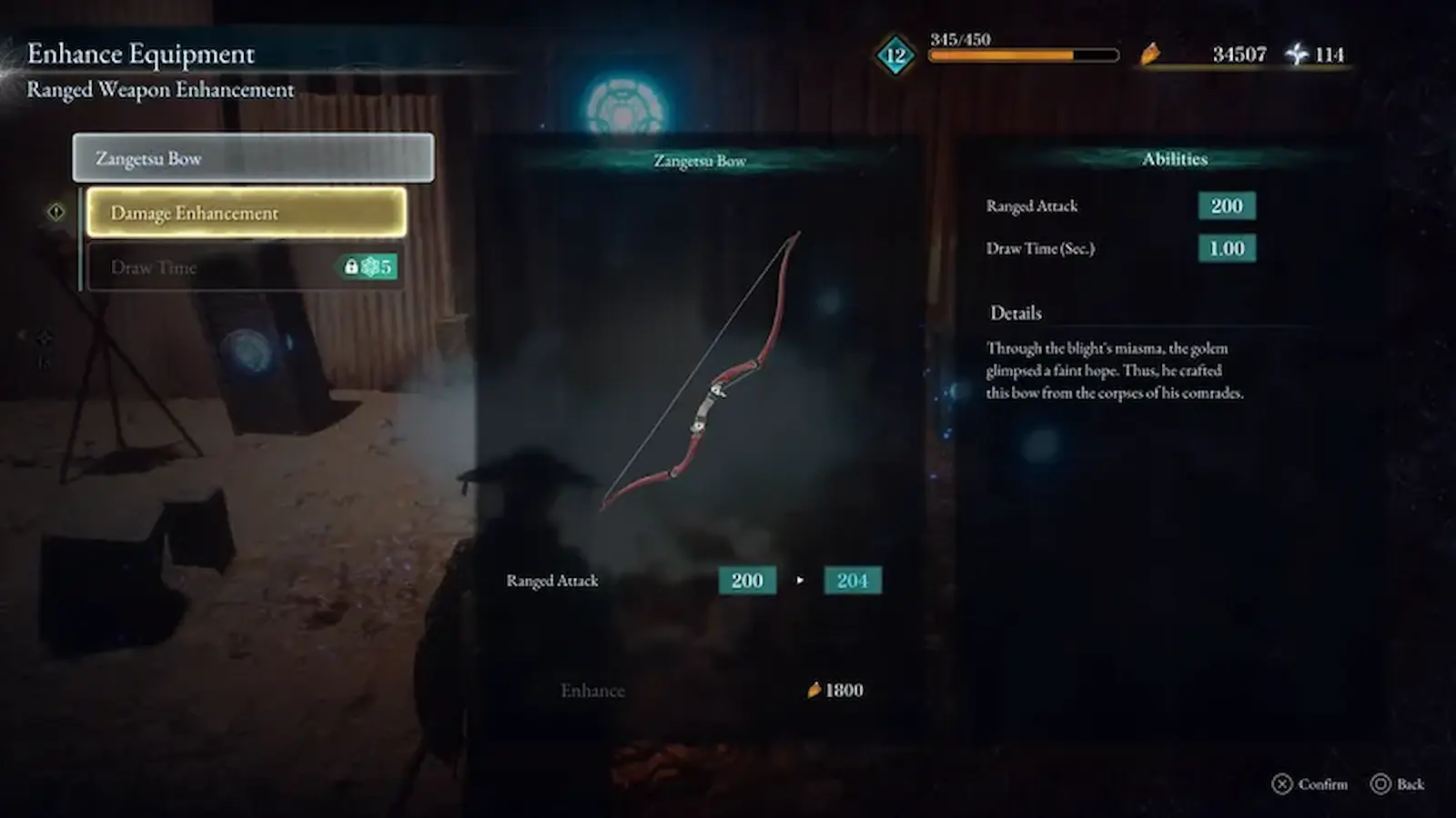 Pantalla de mejora del arco Zangetsu, un arma a distancia de Beast of Reincarnation