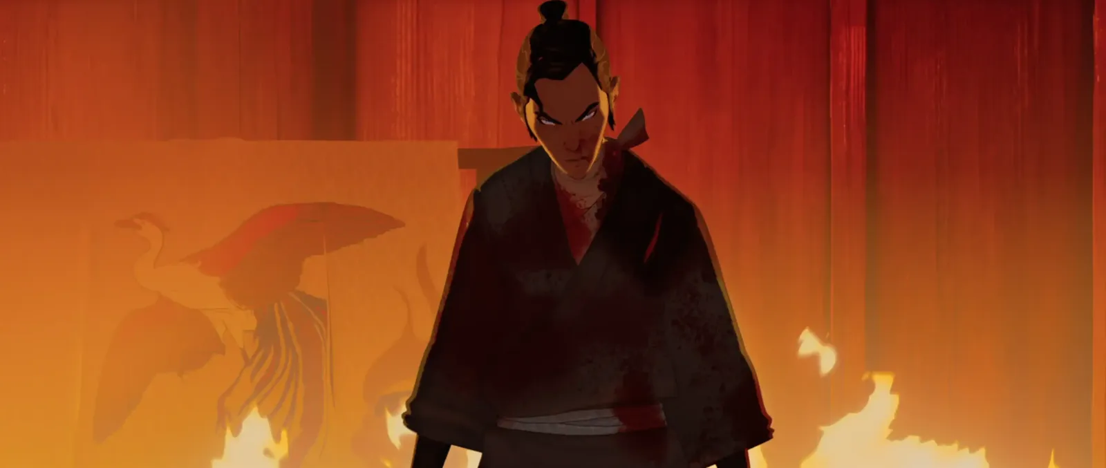 Mizu, la protagonista de Blue Eye Samurai, de pie entre las llamas en una escena de la serie de Netflix