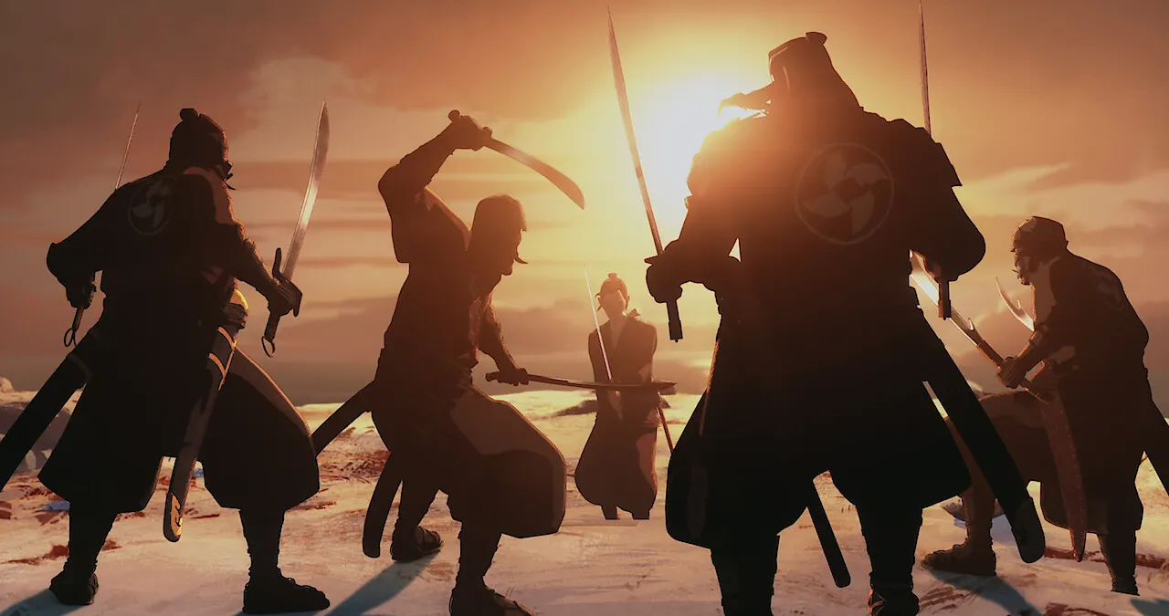 Combate de samuráis a contraluz sobre la nieve, en una escena de Blue Eye Samurai de Netflix