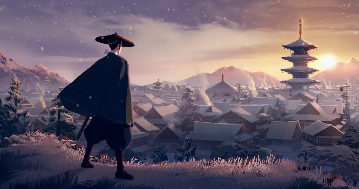Mizu camina hacia un pueblo nevado del Japón del período Edo, en una escena de Blue Eye Samurai