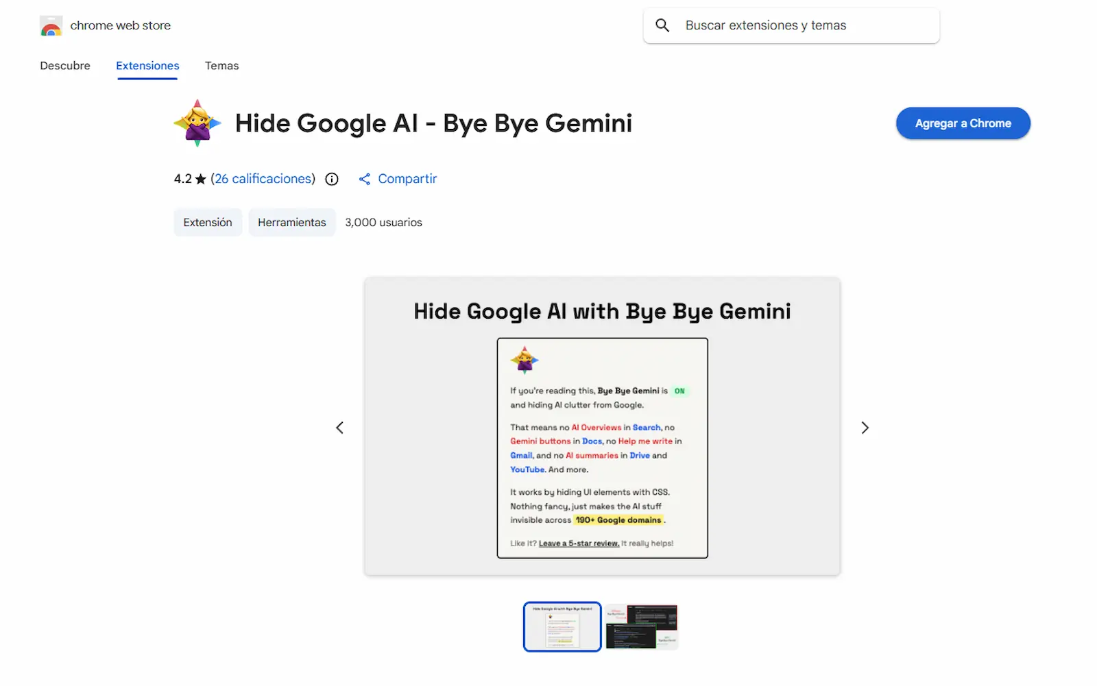 Ficha de la extensión Hide Google AI - Bye Bye Gemini en la Chrome Web Store