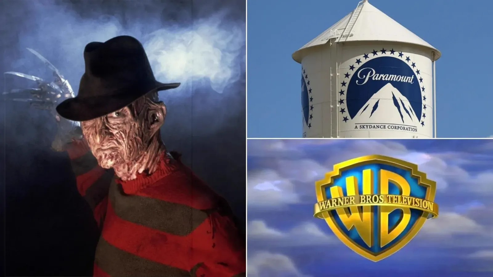 Freddy Krueger junto a los logos de Paramount y Warner Bros., los dos estudios que preparan remakes de Pesadilla en Elm Street