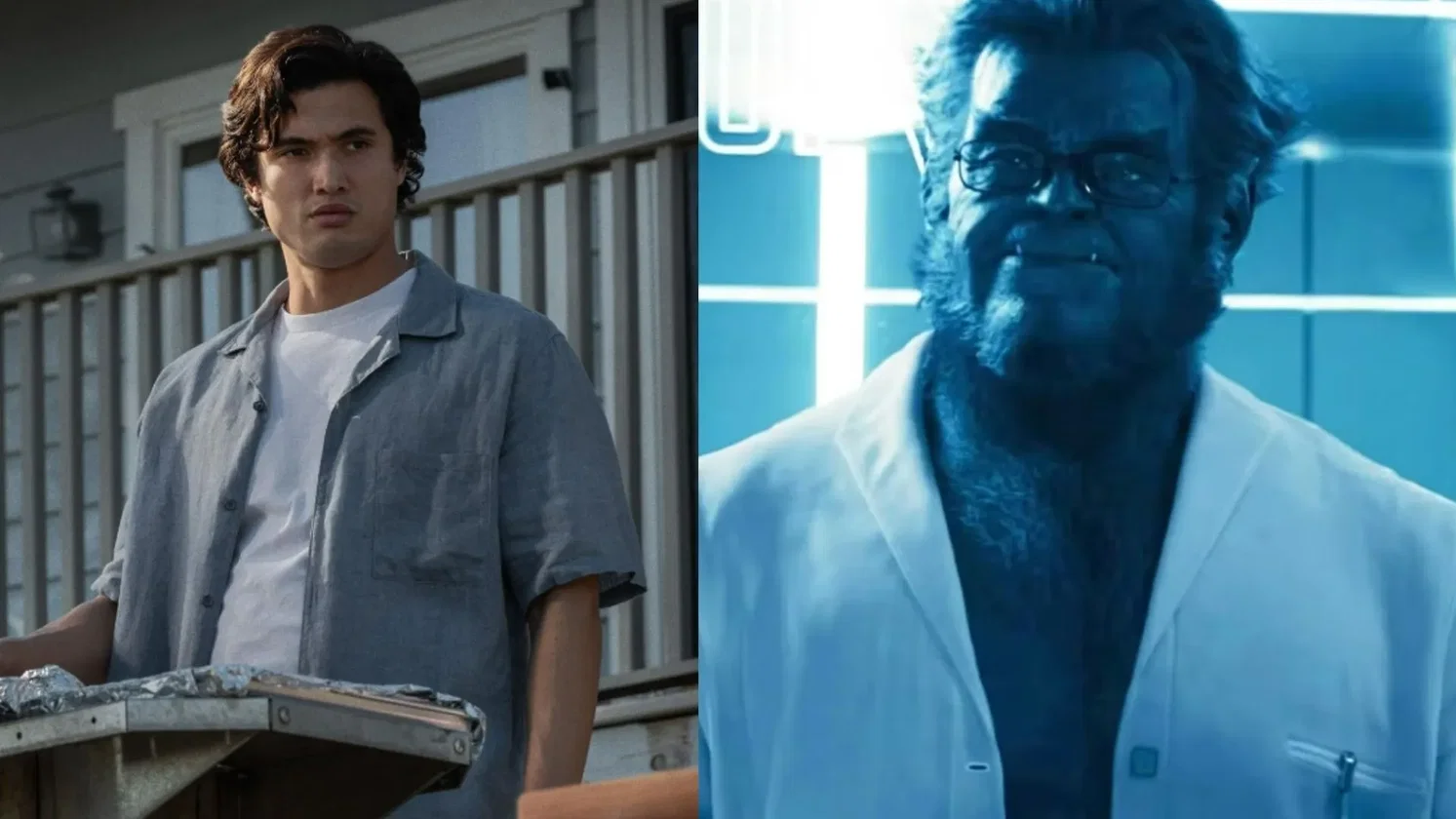 Charles Melton en una escena de cine junto a Bestia, el personaje de X-Men que los rumores le adjudican