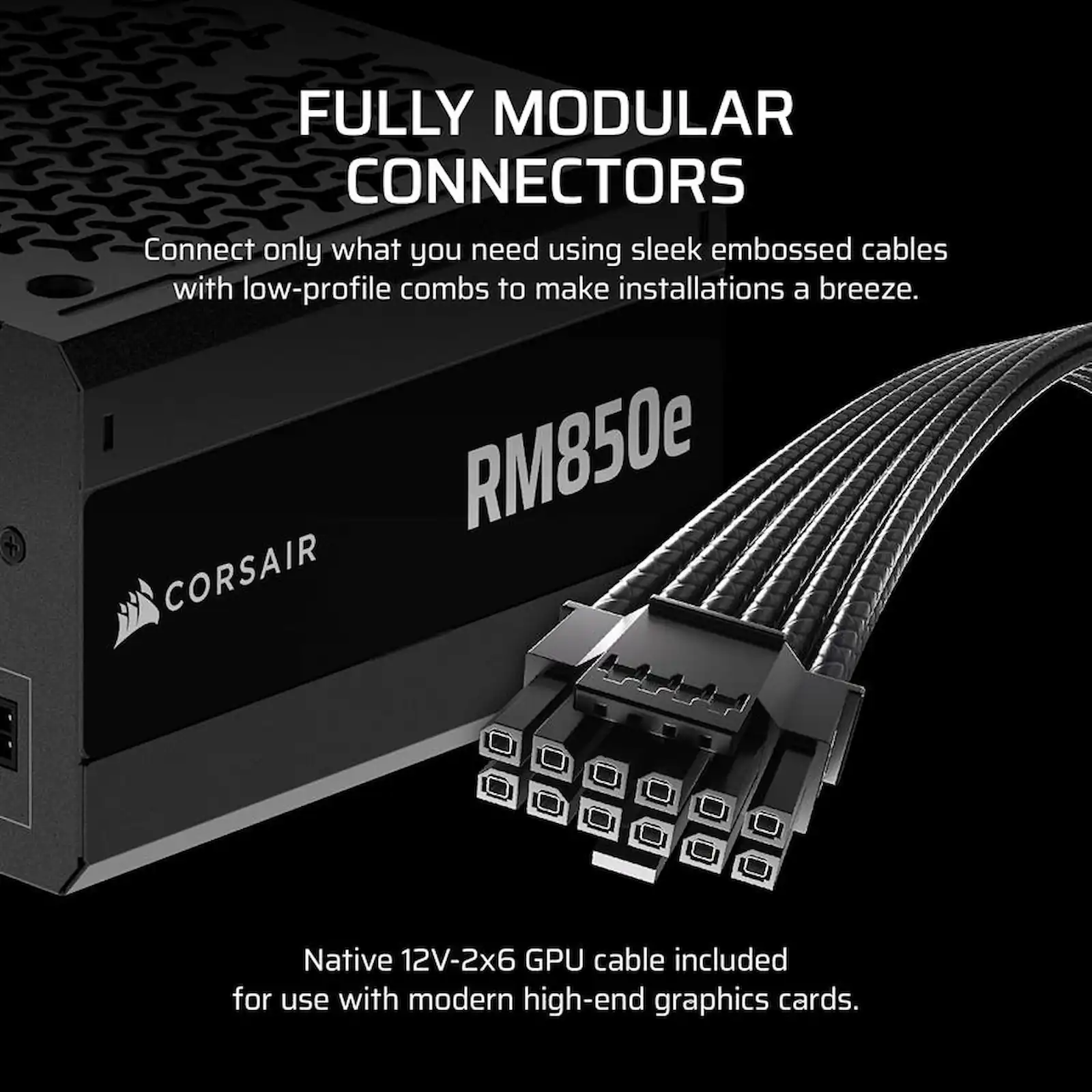 Placa oficial de Corsair sobre los conectores modulares de la RM850e y el cable 12V-2x6 incluido