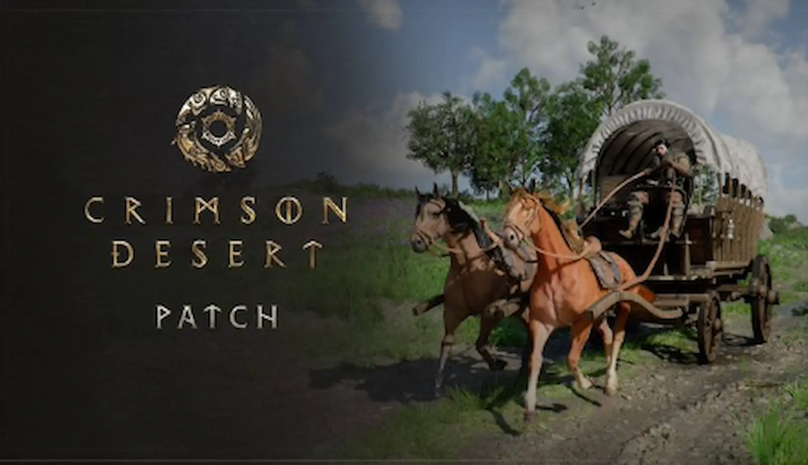 Arte oficial del parche 1.16 de Crimson Desert con una carreta de comercio tirada por caballos