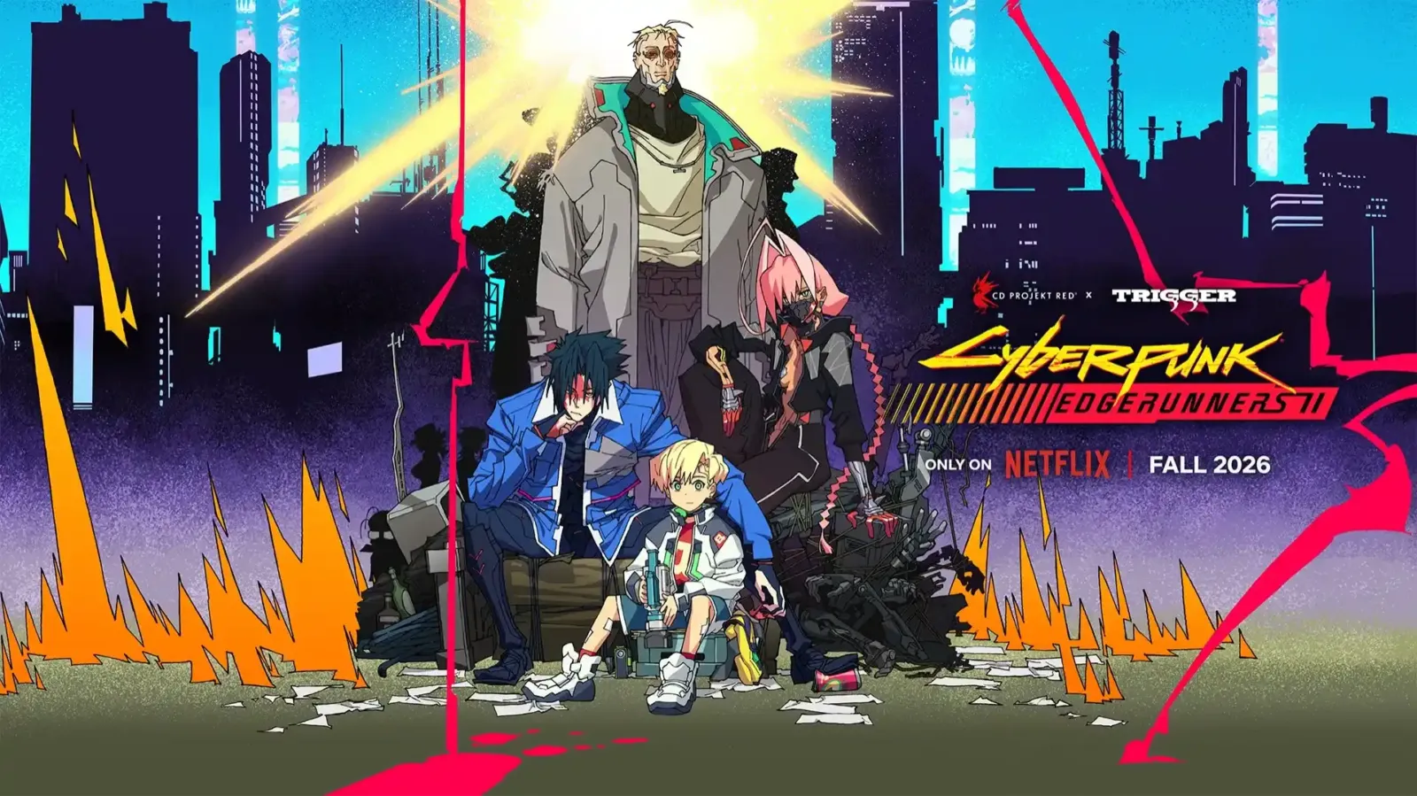 Arte oficial de Cyberpunk: Edgerunners 2 con el nuevo elenco de personajes y el logo de Netflix y Studio Trigger